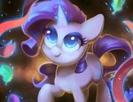  2016 blue_eyes blurred_background celebi-yoshi cute cutie_mark equine eyelashes eyeshadow feathers female friendship_is_magic hair horn magic makeup mammal mascara my_little_pony purple_hair rarity_(mlp) ribbons signature smile solo sparkles text unicorn 