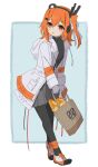  1girl a.i._voice absurdres adachi_rei bag baguette black_pantyhose bread commentary_request food full_body grey_shorts highres holding holding_bag inoa_771 jacket long_sleeves looking_to_the_side medium_hair one_side_up open_clothes open_jacket orange_eyes orange_hair pantyhose parted_lips shopping_bag shorts solo standing utau white_jacket 