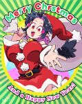  1girl bare_shoulders bird_wings black_hair black_wings blush breasts carte christmas commentary_request dress fur-trimmed_dress fur-trimmed_headwear fur_trim hat holding holding_sack large_breasts looking_at_viewer merry_christmas open_mouth pointy_ears pom_pom_(clothes) red_dress red_eyes red_hat sack santa_costume santa_dress santa_hat shameimaru_aya short_hair solo tengu touhou wings 