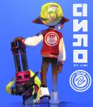  1other blonde_hair blue_background clenched_hand dark_skin facing_away gatling_gun heavy_splatling_(splatoon) highres inkling jacket letterman_jacket mi040777 pointy_ears ponytail shoes simple_background splatoon_(series) splatoon_3 standing tagme tentacle_hair 