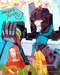  1girl 80s animal buster_(dog) character_request closed_eyes clothed_animal commentary_request decepticon dog long_hair mecha oldschool open_mouth pet red_eyes smile thundercracker toriko_(hogetara) transformers upper_body 