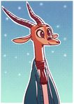  2017 antelope anthro antlers border clothed clothing disney fan_character fuel_(artist) fuel_(character) half-length_portrait horn male mammal open_jacket portrait scarf smile white_border zootopia 