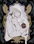  1boy arched_crown artist_name axis_powers_hetalia bird_wings black_border blush border cape closed_eyes closed_mouth cross crown feathered_wings fingernails grey_hair hands_up hashtag-only_commentary highres holding holding_crown holding_staff hood hooded_cape long_sleeves male_focus outside_border purple_background qia_li russia_(hetalia) scar shirt short_hair simple_background smile solo staff upper_body weeds white_cape white_shirt wide_sleeves wings 