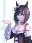  1girl animal_ears black_hair blue_eyes blue_ribbon blush bob_cut bodice breasts choker cleavage closed_mouth commentary_request cross_background detached_sleeves dirndl ear_ornament ear_ribbon ear_scrunchie eishin_flash_(meisterschaft)_(umamusume) eishin_flash_(umamusume) film_grain frilled_sleeves frills from_side front-tie_top german_clothes hexagon highres horse_ears horse_girl looking_at_viewer medium_hair outstretched_hand red_choker ribbon shirt smile solo swept_bangs two-tone_background umamusume underbust upper_body white_background white_ribbon white_shirt wide_sleeves yami_anko 