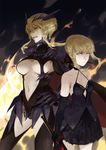  3four armor artoria_pendragon_(all) artoria_pendragon_(lancer_alter) bare_shoulders black_choker black_dress black_gloves black_legwear black_leotard black_skirt blonde_hair braid breasts choker closed_mouth contrapposto dark_excalibur dress dual_persona elbow_gloves eyebrows_visible_through_hair fate/grand_order fate_(series) fire flame gauntlets gloves glowing glowing_eyes hair_between_eyes hair_bun hand_on_hip height_difference holding holding_sword holding_weapon horns large_breasts leotard looking_to_the_side multiple_girls pleated_skirt saber_alter skirt small_breasts standing sword thighhighs v-shaped_eyebrows weapon yellow_eyes 