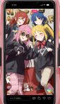  4girls :d ^_^ absurdres ahoge black_shiert blonde_hair blue_hair blush bocchi_the_rock! bow bowtie closed_eyes closed_mouth commentary_request cube_hair_ornament facing_viewer feet_out_of_frame gotoh_hitori grey_pants hair_ornament highres ijichi_nijika kessoku_band kessoku_band_logo kita_ikuyo long_hair long_sleeves looking_at_viewer multiple_girls number_glasses one_side_up open_mouth pants pink_hair pink_pants polka_dot polka_dot_bow polka_dot_bowtie red_bow red_bowtie red_hair seisyuntarotto short_hair side_ponytail sidelocks smile sunglasses yamada_ryo yellow_eyes 