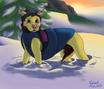 animal_genitalia awkward awkward_smile blue_blush blue_clothing blush brown_body brown_fur canid canine canis clothed clothed_feral clothing coat cold domestic_dog earhole feral fir_tree fog forest fur genitals hat headgear headwear hi_res hill kinaj looking_at_viewer male mammal mountain nick_(kinaj) plant purple_scarf scarf sheath snow solo standing sunset tail tail_between_legs tail_on_sheath topwear tree yellow_body yellow_fur