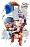  backwards_hat baseball_cap baseball_jersey bike_shorts black_shorts blue_hair blue_hat brown_eyes dark_skin domino_mask emblem harutarou_(orion_3boshi) hat highres holding holding_weapon ink_tank_(splatoon) inkbrush_(splatoon) inkling jumping long_hair long_sleeves mask paint_splatter pointy_ears red_footwear shirt shoes shorts single_vertical_stripe sleeves_rolled_up solo splatoon_(series) tentacle_hair weapon white_shirt 