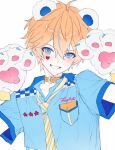  1boy ahoge akehoshi_subaru animal_ears animal_hands arms_up bear_ears belt_collar blue_eyes blue_shirt blush choker collar commentary ensemble_stars! gloves grin hair_between_eyes heart heart_sticker highres korean_commentary looking_at_viewer male_focus multicolored_hair necktie orange_choker orange_hair paw_gloves seemillar shirt short_hair short_sleeves simple_background smile solo sticker sticker_on_face streaked_hair striped_clothes striped_necktie upper_body white_background 