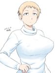  blonde_hair breasts closed_mouth covered_nipples dated freckles grey_eyes huge_breasts long_sleeves looking_at_viewer original sanpaku short_hair signature simple_background solo sweater tsukudani_(coke-buta) upper_body white_background white_sweater 