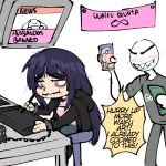  1boy 1girl artist_self-insert ass black_jacket black_pants black_shirt blue_pants chain chained chair cinnamoroll closed_mouth cuffs drawing_(action) drawing_tablet english_commentary english_text evil_smile full_body fuwa_fuwa_cinnamoroll hat highres holding holding_pen holding_phone jacket long_hair no_eyes on_chair open_mouth original pants pen phone pink_eyes pink_shirt pinkkoffin purple_hat sanrio shackles sharp_teeth shirt sitting slave smile speech_bubble standing sweat teeth very_long_hair 