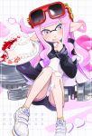  1girl black_jacket black_shorts blunt_bangs blush cake closed_mouth cropped_jacket eating eyewear_on_head food heart highres inkling inkling_girl inkling_player_character jacket long_hair long_sleeves nautilus_(splatoon) pink_hair pointy_ears psya_ma shirt shoes shorts sidelocks sitting smile solo splatoon_(series) sunglasses tentacle_hair very_long_hair weapon white_shirt white_shoes 