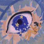  1boy 1girl aeug black_hair blue_eyes bodysuit broken_glass broken_helmet close-up eye_focus fa_yuiry full_body glass gundam hand_up highres kamille_bidan kumo_(sharonyann86798) looking_at_viewer male_focus mecha_pilot_suit melting melting_eyes normal_suit_(gundam) orange_bodysuit short_hair spoilers star_(symbol) star_in_eye symbol_in_eye zeta_gundam 