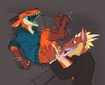anthro anthro_on_anthro anus black_clothing black_shirt black_topwear blue_eyes blue_tongue bodily_fluids bottomless bottomless_anthro bottomless_female bracelet brown_body brown_scales citrus_(flamespitter) claws clothed clothing cunnilingus digitigrade female finger_claws flamespitter genital_fluids genitals gloves_(marking) green_clothing green_hoodie green_topwear hi_res hoodie horn jewelry karadur kobold leg_markings male male/female markings open_mouth oral orange_body orange_scales ring_(jewelry) scales scalie sex sharp_teeth shirt snout socks_(marking) tail teeth thick_tail toe_claws tongue tongue_out topwear vaginal vaginal_fluids vulva