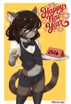 2025 absolute_territory anthro black_bottomwear black_bow_tie black_clothing black_legwear black_shorts black_stockings black_topwear black_vest border bottomwear bow_tie brown_eyes bulge cat_sona_(mr-shin) champagne_glass clothing collared_shirt container cup domestic_cat dress_shirt drinking_glass eye_bags felid feline felis fur glass glass_container glass_cup grey_body grey_fur half-closed_eyes hi_res holidays inner_ear_fluff legwear looking_at_viewer male mammal markings midriff mole_(marking) mr-shin narrowed_eyes new_year new_year_2026 pink_inner_ear pink_nose serving_tray shirt shorts simple_background smile smirk solo stockings tight_clothing topwear tuft vest white_border white_clothing white_inner_ear_fluff white_shirt white_topwear yellow_background