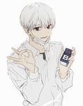  :d bad_id bad_tumblr_id bags_under_eyes blue_eyes cigarette_box face_mask grey_background hands_up hirota_tsuu holding long_sleeves looking_at_viewer male_focus mask ok_sign open_mouth original silver_hair simple_background sketch smile solo surgical_mask upper_body 