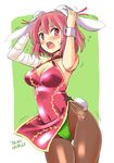  alternate_costume animal_ears artist_name bandages bare_shoulders black_legwear bow bowtie breasts bun_cover bunny_ears bunny_tail bunnysuit cleavage dated double_bun embarrassed fake_animal_ears green_leotard ibaraki_kasen leotard medium_breasts pantyhose pink_eyes pink_hair short_hair solo tabard tail taishi_(moriverine) touhou wrist_cuffs 