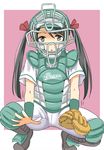  baseball_mitt baseball_uniform hair_ribbon kantai_collection looking_at_viewer mikuma_(kantai_collection) ribbon solo sportswear squatting taishi_(moriverine) twintails 