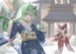  2girls absurdres alternate_costume blue_eyes blue_kimono bow breath brown_hair commentary english_commentary floral_print flower frilled_bow frilled_sleeves frills frog_hair_ornament furisode green_hair hagoita hair_bow hair_flower hair_ornament hair_tubes hakurei_reimu hane_(hanetsuki) hanetsuki highres holding holding_paddle japanese_clothes kimono kochiya_sanae long_hair long_sleeves looking_at_viewer multiple_girls no_noru open_mouth outdoors paddle playing_games print_kimono red_bow red_kimono snake_hair_ornament snow touhou wide_sleeves 