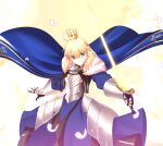  1girl absurdres ahoge alternate_color armor artoria_pendragon_(fate) blonde_hair blue_cape breastplate caliburn_(fate) cape commentary crown english_commentary fate/grand_order fate_(series) gauntlets gold_armor green_eyes highres hip_armor lord_logres_(fate) lord_logres_(first_ascension)_(fate) rey_r31_44 smile solo 