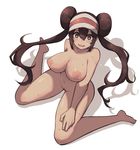  arm_behind_back blue_eyes blush breasts brown_hair collarbone double_bun eyebrows_visible_through_hair from_above full_body hair_between_eyes hand_on_own_thigh hand_rest heart heart-shaped_pupils highres lamb-oic029 large_breasts long_hair looking_at_viewer looking_up mei_(pokemon) navel nipples nude open_mouth pokemon pokemon_(game) pokemon_bw2 pubic_hair sitting smile solo stomach sweat symbol-shaped_pupils twintails very_long_hair visor_cap wariza 