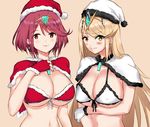  angry blonde_hair blush breasts cape christmas christmas_tree cleavage fingerless_gloves gloves highres hikari_(xenoblade_2) homura_(xenoblade_2) large_breasts long_hair looking_at_viewer multiple_girls negresco red_hair short_hair smile xenoblade_(series) xenoblade_2 yellow_eyes 