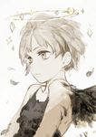  angel bangs bare_shoulders black_shirt blonde_hair closed_mouth feathers from_side grey_background halo highres hiranko original shirt short_hair simple_background sleeveless sleeveless_shirt solo upper_body wings yellow_eyes 