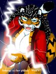  1997 anthro big_breasts breasts claws clothing feline female hair lightning looking_at_viewer magic mammal nipples robe seductive solo stripes tiger wolfkidd 