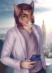  anthro canine clothing dingo ear_piercing felicia_cat gloves male mammal phone piercing sneezy_mcyeezy solo 