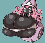  2017 big_breasts black_skin breasts female hair huge_breasts humanoid hyper hyper_breasts legendary_pok&eacute;mon mouthless nintendo not_furry petronoise pink_hair pok&eacute;mon pok&eacute;mon_(species) pseudo_clothing simple_background solo tapu_lele video_games 