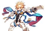  :o armor blonde_hair blue_eyes brown_hair chung_seiker cowboy_shot deadly_chaser_(elsword) dual_wielding elsword full_armor gloves gun hair_flaps highres holding holding_gun holding_weapon looking_at_viewer male_focus multicolored_hair official_art open_mouth ress scarf solo spiked_hair streaked_hair transparent_background two-tone_hair weapon 