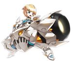  :o absurdres armor blonde_hair blue_eyes blue_neckwear boots brown_hair cannon chung_seiker elsword full_body gloves guardian_(elsword) hair_flaps highres holding holding_weapon male_focus multicolored_hair necktie official_art open_mouth pauldrons ress solo standing streaked_hair transparent_background two-tone_hair weapon 