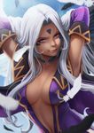  aa_megami-sama armpits arms_up breasts choker cleavage dark_skin detached_sleeves elbow_gloves gloves highres lips long_hair looking_at_viewer magion02 medium_breasts navel purple_eyes purple_gloves silver_hair smile solo urd 