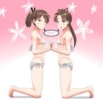  30-06 :&lt; :o ayanami_(kantai_collection) bangs barefoot bikini blush breasts brown_eyes brown_hair eyebrows_visible_through_hair from_side full_body hair_ornament kantai_collection kneeling long_hair looking_at_viewer multiple_girls parted_bangs ponytail shikinami_(kantai_collection) side-tie_bikini small_breasts speech_bubble spoken_blush swimsuit white_bikini 