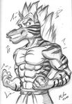  2012 5_fingers abs anthro biceps biped black_and_white canine clothed clothing front_view fur grin hair half-length_portrait male mammal mokuu monochrome muscular muscular_male pecs pencil_(artwork) portrait signature simple_background sixpack sketch smile snout solo standing striped_fur stripes stripes_(character) teeth topless traditional_media_(artwork) white_background wolf 