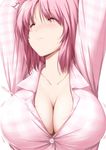  1girl arms_up bangs blush breasts bursting_breasts buttons cleavage closed_eyes closed_mouth collarbone collared_shirt commentary_request eyebrows_visible_through_hair frown large_breasts no_bra nori_tamago nose_blush pajamas pink_hair pink_pajamas popped_button saigyouji_yuyuko shirt short_hair simple_background solo speed_lines sweat touhou upper_body white_background 