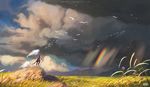  amazing_background ambient_bird ambiguous_gender anthro avian bird cloud dark_fur detailed_background flower fur hair holding_object kalambo mountain outside plains plant rainbow rock satyr sky solo standing storm tail_tuft tuft white_hair 