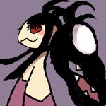  alternate_form artist_request black_hair mawile mega_mawile mega_pokemon pokemon pokemon_(game) pokemon_xy red_eyes simple_background smile teeth 