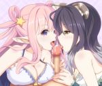  2girls animal_ears black_hair breasts censored cleavage collarbone commentary_request fellatio hair_ornament hair_rings kashiwazaki_hatsune kashiwazaki_shiori keepvalley large_breasts licking_penis long_hair multicolored_hair multiple_fellatio multiple_girls open_mouth oral penis pink_hair pointy_ears princess_connect! princess_connect!_re:dive purple_eyes saliva shirt siblings simple_background sisters star star_hair_ornament yellow_eyes 