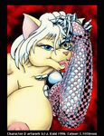  1996 anthro big_breasts blue_eyes breasts claws cybernetics cyborg feline female hair looking_at_viewer machine mammal nipples pose smile solo tongue wolfkidd 