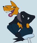  anthro boots breasts canine clothed clothing creepystareguy crossgender female footwear fox gregg_(nitw) grin jacket jeans knife looking_at_viewer mammal night_in_the_woods open_mouth pants sharp_teeth smile solo teeth tongue tongue_out yellow_sclera 