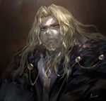 artist_name azomo bangs beard blonde_hair blue_eyes cape closed_mouth facial_hair fate/apocrypha fate_(series) goatee highres long_hair looking_at_viewer male_focus mustache parted_bangs shirt signature solo upper_body vlad_iii_(fate/apocrypha) white_shirt 