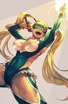  :d arm_up blonde_hair bodysuit cowboy_shot frills green_bodysuit green_eyes grey_background hair_tubes hankuri holding holding_microphone legs_apart long_hair long_sleeves mask microphone music open_mouth rainbow_mika revealing_clothes singing smile solo spotlight standing street_fighter street_fighter_v twintails 