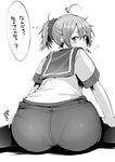  aoba_(kantai_collection) ass back blush greyscale hair_between_eyes highres kantai_collection looking_back messy_hair miyoshi_(triple_luck) monochrome panties ponytail school_uniform see-through short_sleeves solo translated underwear 
