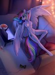  2017 anthro breasts computer controller equine feathered_wings feathers female food game_controller hair hi_res inside laptop long_hair mammal multicolored_hair my_little_pony nipples nude pegasus pizza plate pussy sofa solo tomatocoup wings 