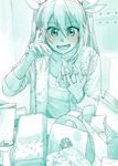  1girl :d bag blush bow bugles_(food) bugles_on_fingers commentary_request fang fingernails food food_on_hand green_theme hair_between_eyes hair_bow highres jacket jewelry kantai_collection long_hair long_sleeves monochrome open_mouth playing_with_food ring shirt sleeves_rolled_up smile solo spot_color tone_(kancolle) twintails wedding_ring yami_(m31) 