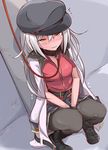  black_gloves black_legwear black_skirt blush collar facial_scar full_body gangut_(kantai_collection) gloves grey_hair hat have_to_pee highres jacket_on_shoulders kantai_collection leash long_hair military_hat military_jacket muroi_(fujisan0410) orange_eyes pantyhose peaked_cap pleated_skirt red_shirt remodel_(kantai_collection) scar scar_on_cheek shirt skirt solo squatting 