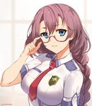  adjusting_eyewear blue_eyes braid brown_hair eiyuu_densetsu emma_millstein glasses highres long_hair looking_at_viewer necktie parted_lips red-framed_eyewear sen_no_kiseki sendrawz short_sleeves shoulder_pads signature smile solo upper_body 