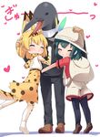  2girls ^_^ animal_ears backpack bag belt black_hair black_legwear blonde_hair blush closed_eyes commentary_request elbow_gloves extra_ears eyebrows_visible_through_hair girl_sandwich gloves hand_on_another's_head hat hat_feather heart helmet high-waist_skirt highres hug kaban_(kemono_friends) kemono_friends makuran mask multicolored multicolored_clothes multicolored_gloves multicolored_legwear multiple_girls pantyhose partial_commentary pith_helmet print_gloves print_legwear print_neckwear print_skirt real_life_insert red_shirt sandwiched serval_(kemono_friends) serval_ears serval_print serval_tail shirt short_sleeves shorts skirt sleeveless sleeveless_shirt smile tail tatsuki_(person) tiptoes white_background white_gloves white_legwear yellow_gloves yellow_legwear yellow_neckwear yellow_skirt 