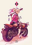  1girl ass black_gloves blonde_hair blue_eyes boots breasts cleavage dc_comics fishnet_pantyhose fishnets gloves grin gun harley_quinn high_heel_boots high_heels ingerless_gloves motorcycle multicolored_hair smile solo suicide_squad thighhighs twintails weapon 